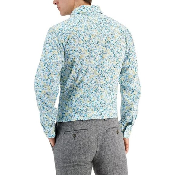 Bar III Mens Dress Shirt Slim Fit Calma Floral Stretch 100% Cotton Blue Yellow S - Picture 2 of 3